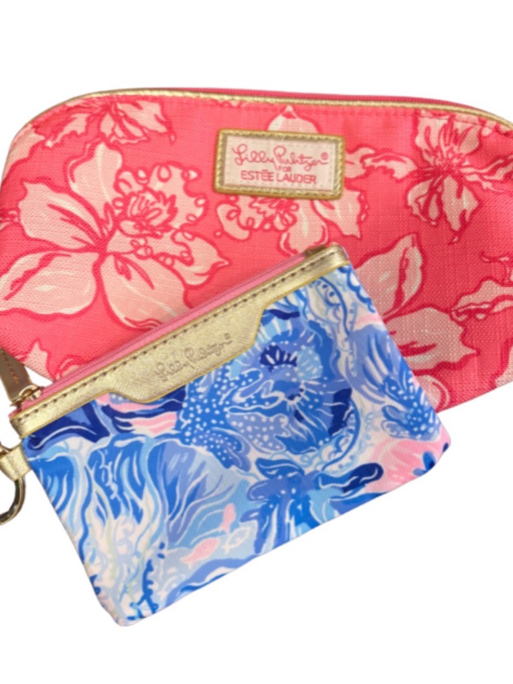 LILLY PULITZER Pink Floral Cosmetic Pouch with Blue Floral Coin Purse